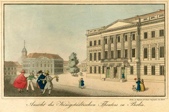 Blick auf das Königstädtische Theater mit figürlicher Staffage um 1830, Quelle: Landesarchiv Berlin, F Rep. 250-01, Nr. C_672