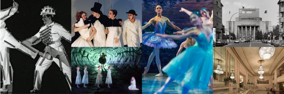 Abbildungen von links nach rechts: Ballett der Deutschen Oper Berlin (Theater des Ostens, 1992), LAB F Rep. 290 Nr. 0336990, Foto: Thomas Platow Kammerspiele des Deutschen Theaters („Das Sparschwein“, 2001), LAB F Rep. 290 Nr. 0025171_C, Foto: Thomas Platow Staatsoper Unter den Linden („Der Freischütz“, 2015 im Schillertheater), LAB F Rep. 290 Nr. D_005461, Foto: Thomas Platow Staatsballett Berlin („Dornröschen“, 2015 in der Deutschen Oper), LAB F Rep. 290 Nr. D_005569, Foto: Thomas Platow Volksbühne (1995), Foto: Barbara Esch Foyer der Komödie am Kurfürstendamm im Ku’damm-Karree (Vor dem Abriss, 2017), LAB F Rep. 290 Nr. D_008698, Foto: Thomas Platow